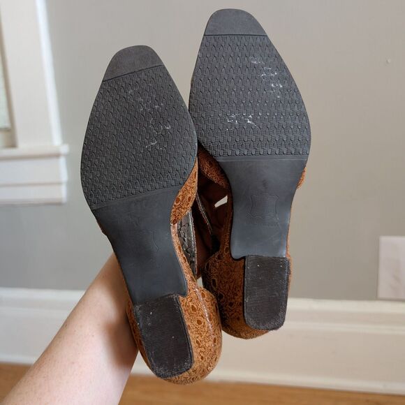 Vintage 70s Ros Hommerson Leather Shoes T-Strap Brown Dancing Heels Croc Size 6 - Picture 6 of 12